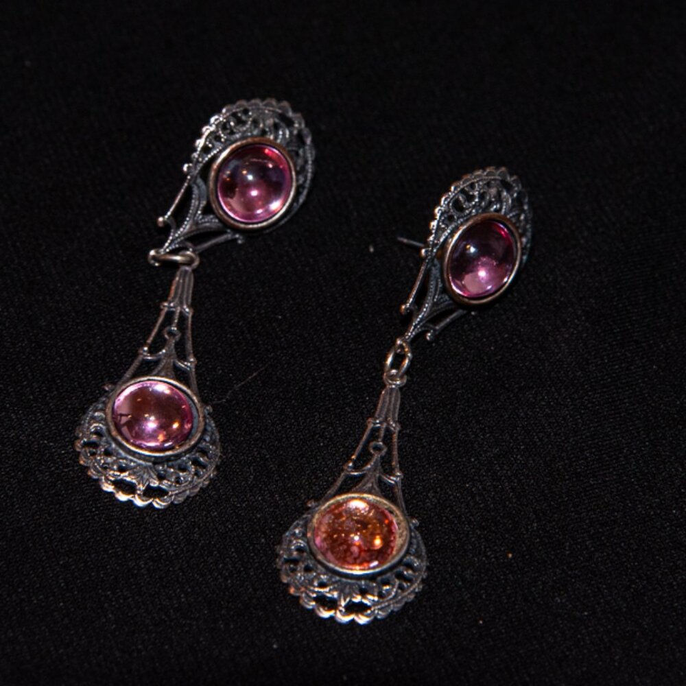 Vintage Pink Cabochon on Silver Fillagree Dangle earrings